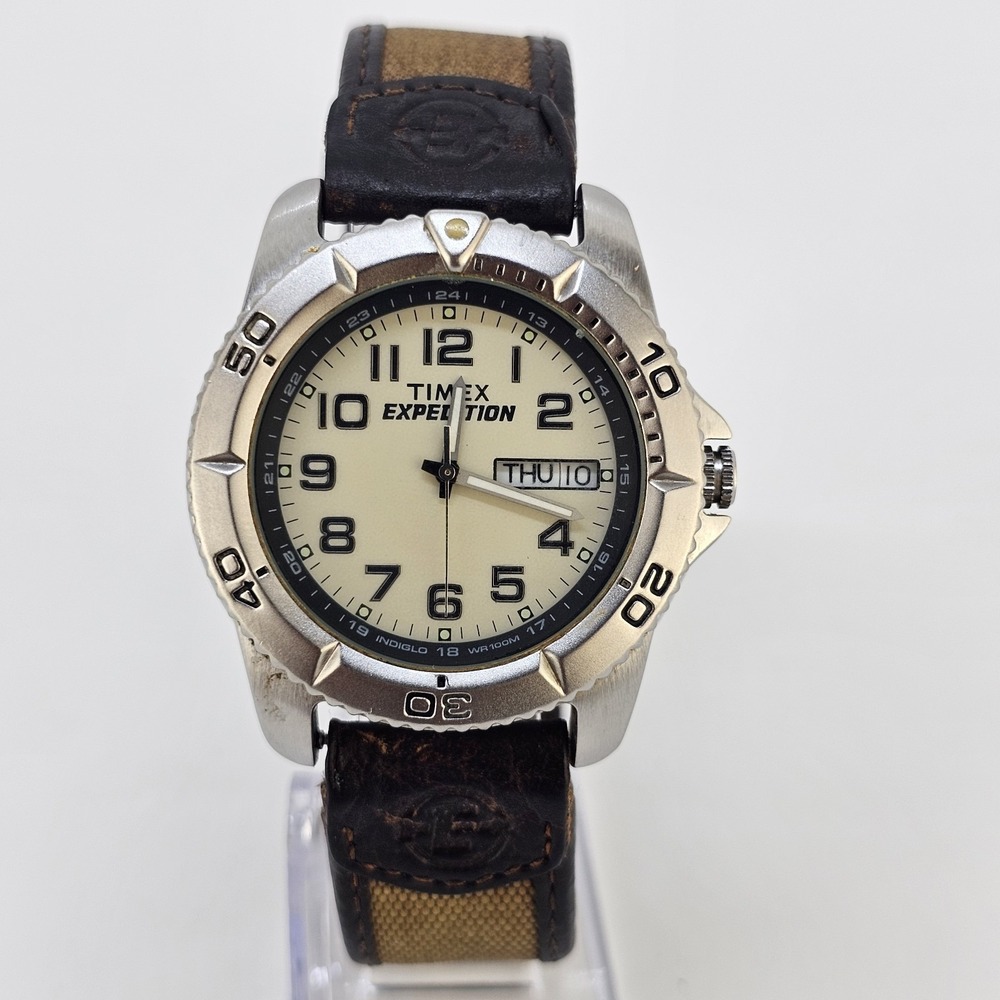 TIMEX Expedition 40MM Men's Watch Cream Dial Day Date Brown Bands New Battery